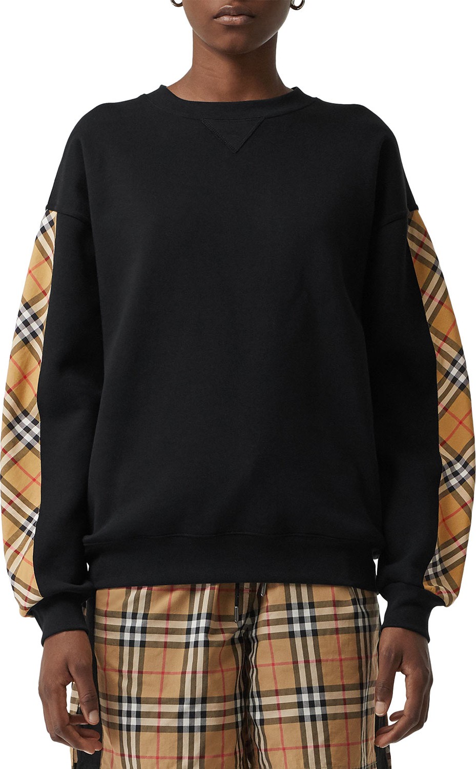 Burberry London England Bronx Crewneck Long-Sleeve Jersey Sweatshirt with Vintage Check Detail