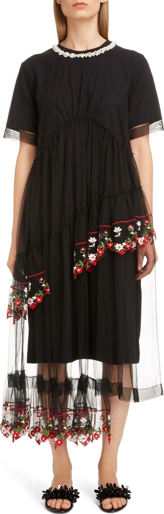 Simone Rocha Imitation Pearl Embellished Layered Tulle T-Shirt Dress