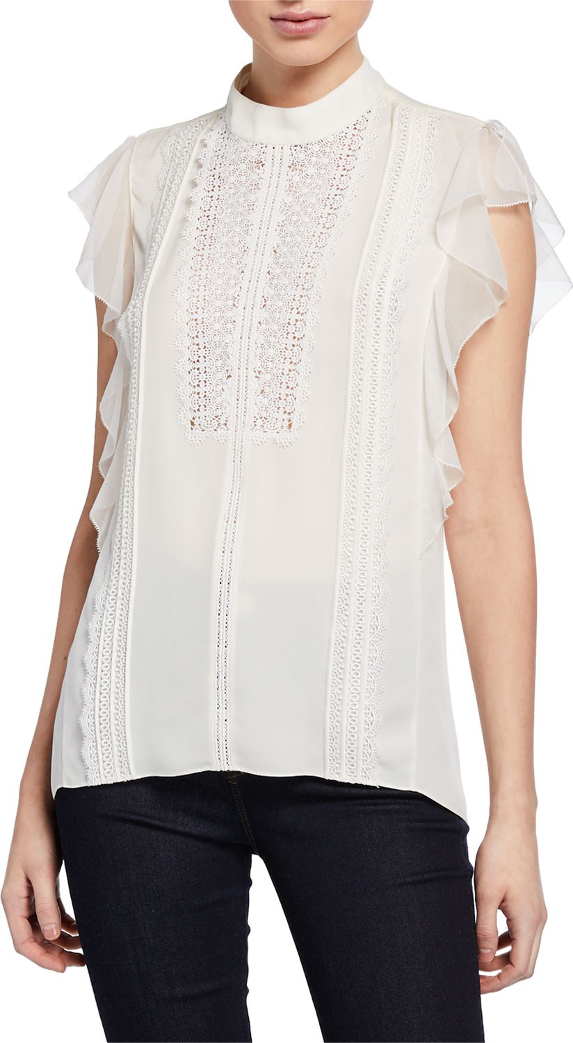 Elie Tahari Antoinette Mock-Neck Ruffle-Sleeve Blouse with Lace