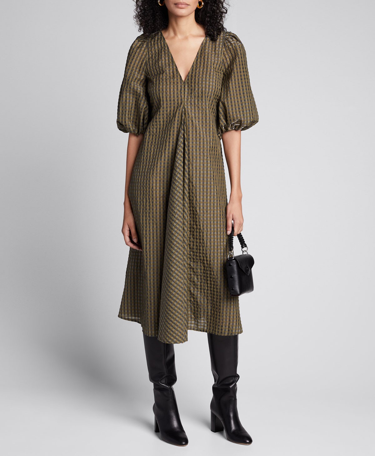 Ganni Seersucker Check Puff-Sleeve Midi Dress