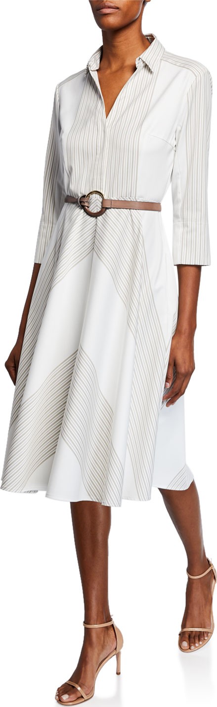 Elie Tahari Candence Striped V-Neck 3/4-Sleeve Belted Dress