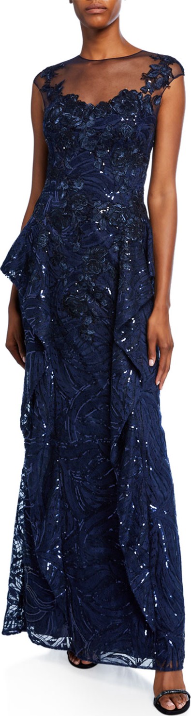 Rickie Freeman for Teri Jon Sweetheart Illusion Cap-Sleeve Sequin Lace Side-Fall Peplum Gown