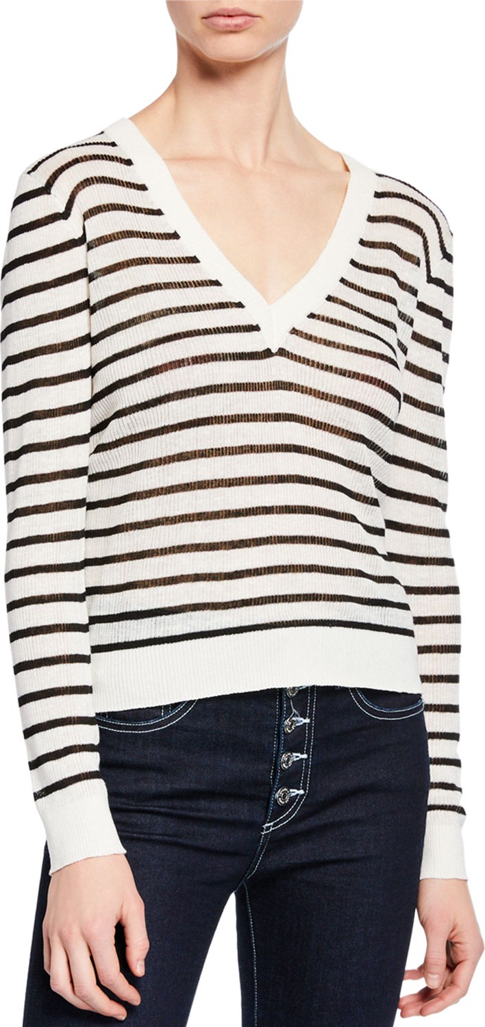 Veronica Beard Dean Striped Linen V-Neck Sweater
