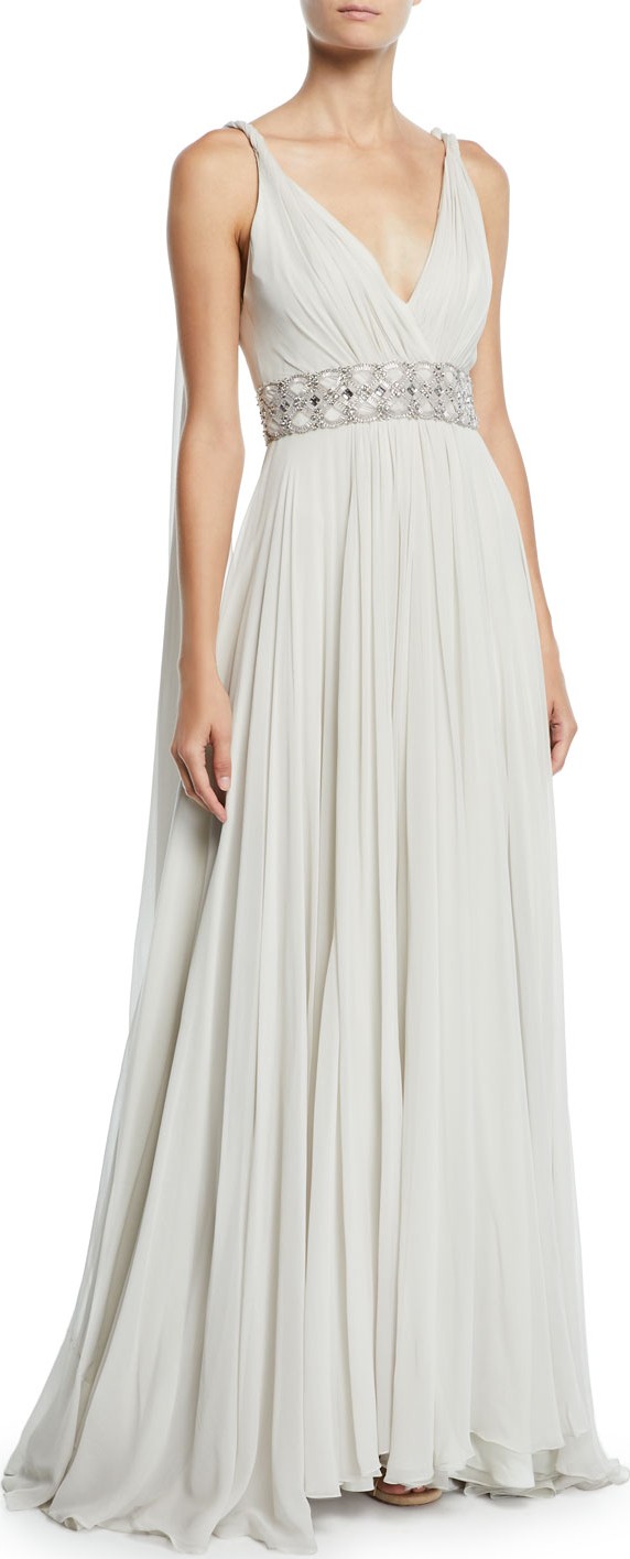 Jenny Packham Tahoe Wrapped Silk-Chiffon V-Neck Gown