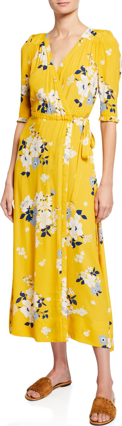 SEA Pia 3/4-Sleeve Floral Wrap Midi Dress