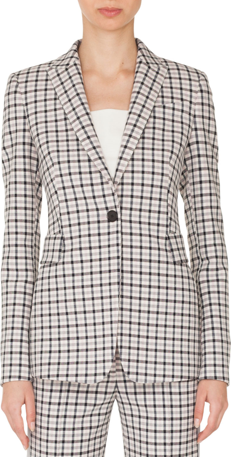 Akris Punto One-Button Long-Sleeve Flap-Pockets Tailored Glen-Check Blazer