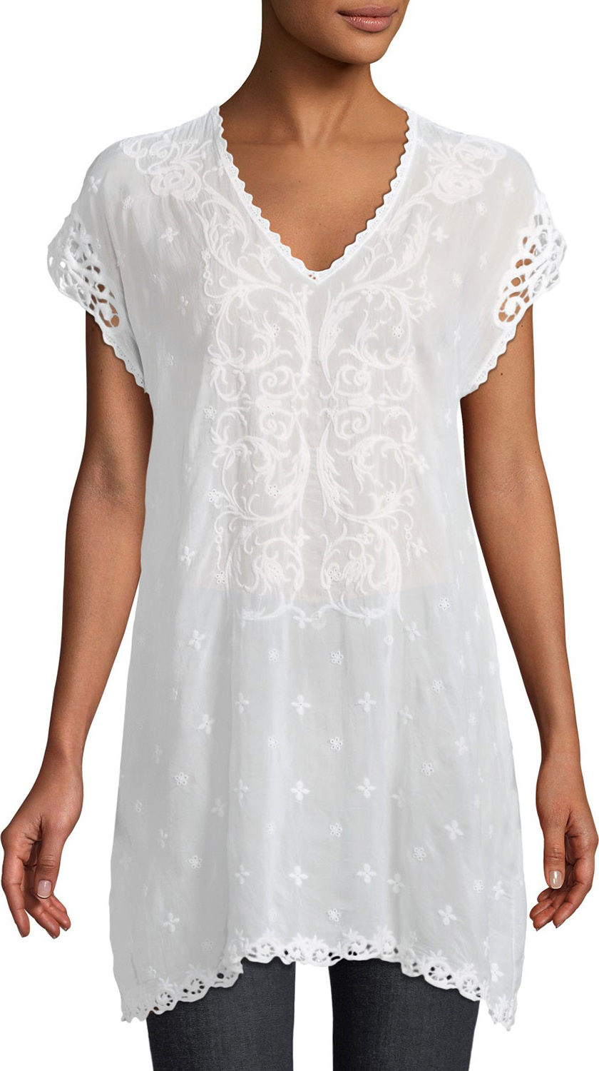 Johnny Was Dani Short-Sleeve Georgette V-Neck Top