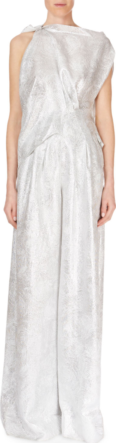 Roland Mouret Ebsen Drape-Top Full-Leg Metallic Jumpsuit