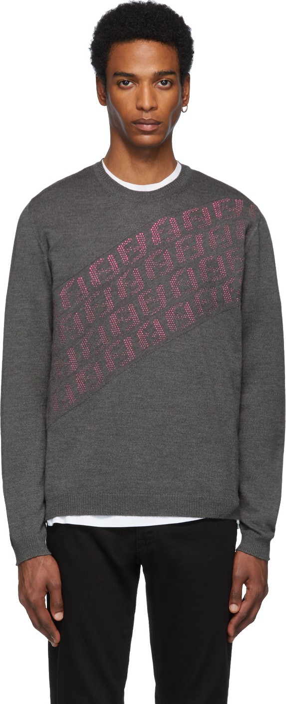Fendi Grey & Pink Wool 'Forever Fendi' Asymmetric Logo Sweater