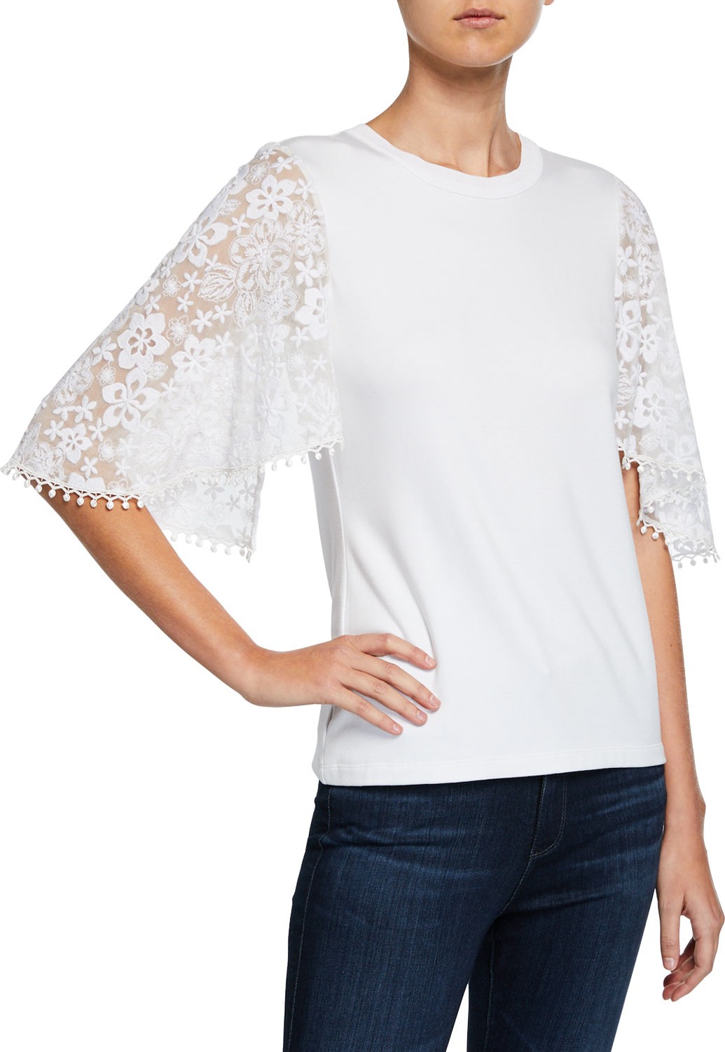 Elie Tahari Ida Crewneck Floral-Embroidered Short-Sleeve Knit Top Elie Tahari Ida Crewneck Floral-Embroidered Short-Sleeve Knit Top