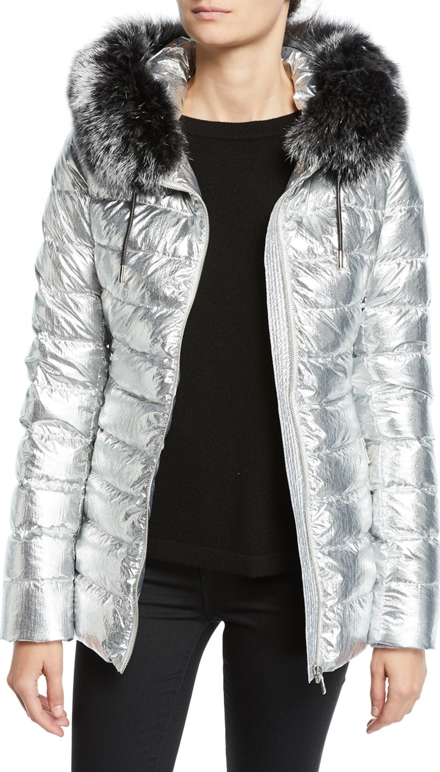 Army By Yves Salomon Metallic Puffer Jacket w/ Fur Trim