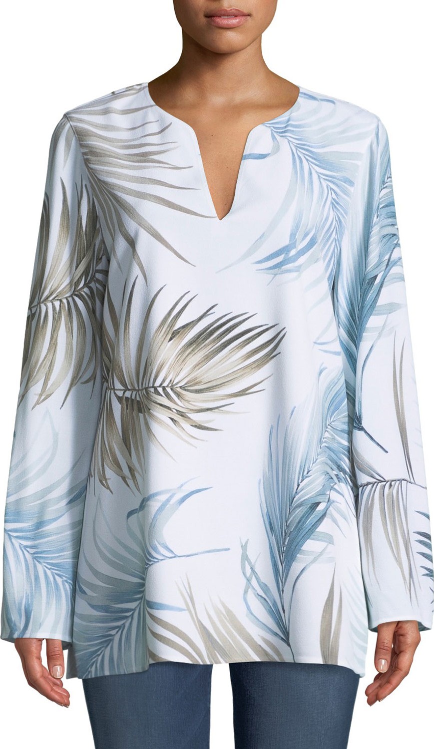 Lafayette 148 New York Wilmer Long-Sleeve Posh Palm Printed Drape Cloth Blouse