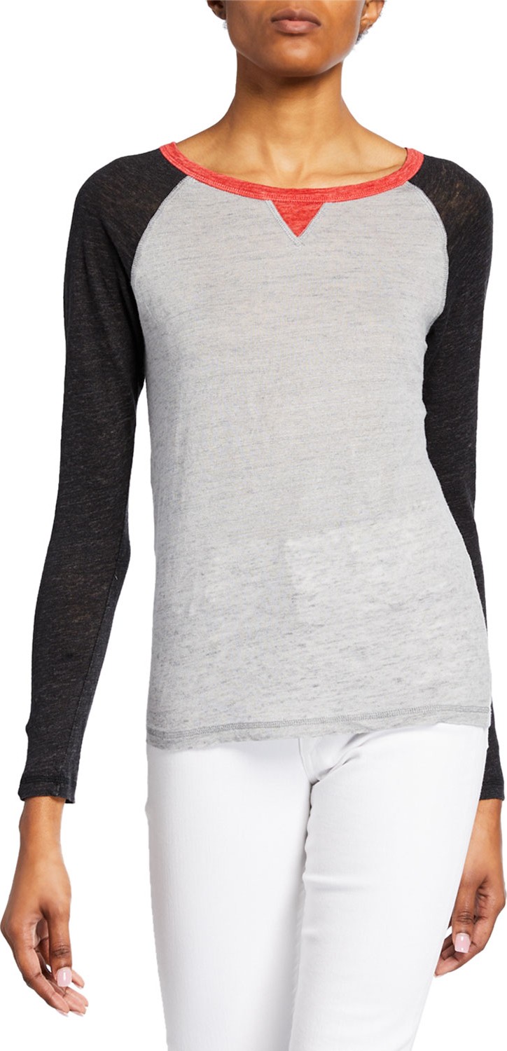 Majestic Tricolor Crewneck Long-Sleeve Linen Top