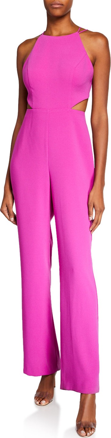 Aidan by Aidan Mattox Halter Strappy-Back Crepe Cutout Jumpsuit