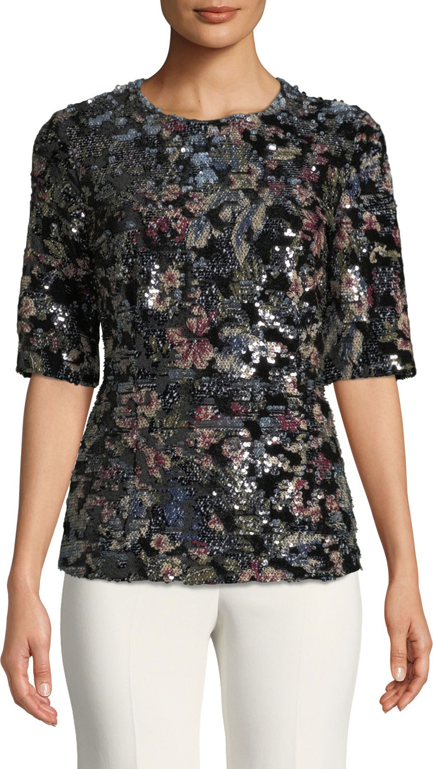Badgley Mischka Fitted Sequin Floral Top