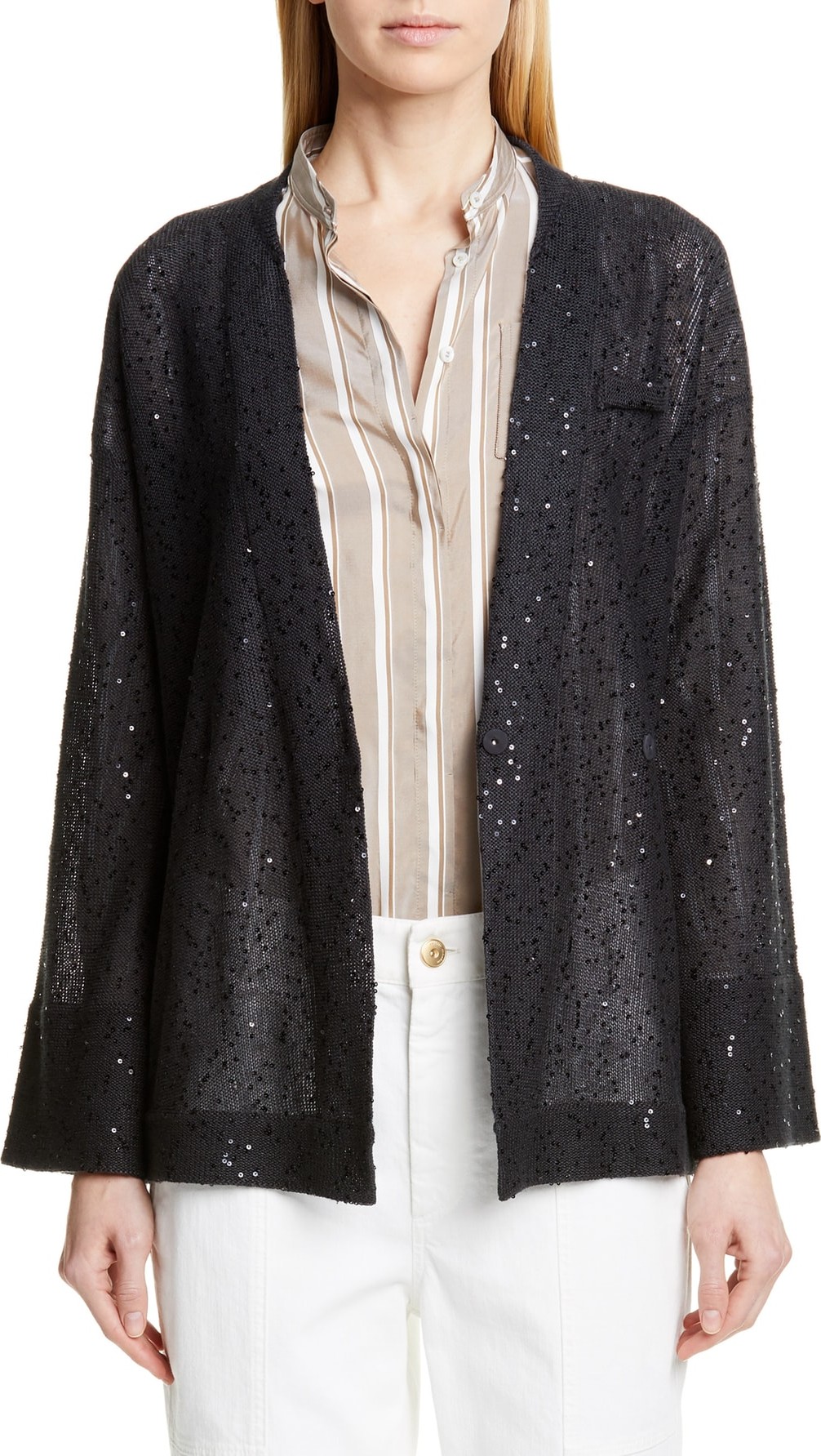 Brunello Cucinelli Sequin Linen & Silk Belted Cardigan