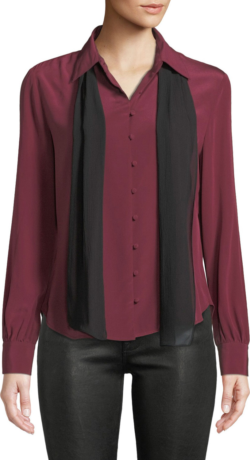 FRAME DENIM Long-Sleeve Silk Button-Front Blouse w/ Neck Tie