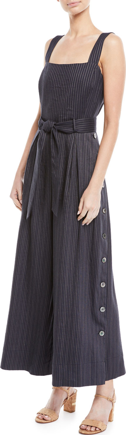 Rebecca Taylor Striped Sleeveless Belted Jumpsuit w/ Side Buttons