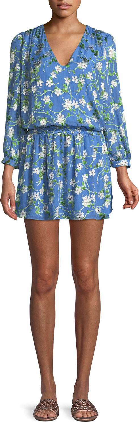 Alice + Olivia Adaline V-Neck Smocked Waist Mini Dress