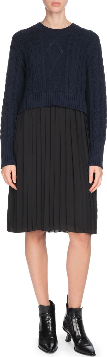 KENZO Mixed-Knit Pleated Long-Sleeve Dress