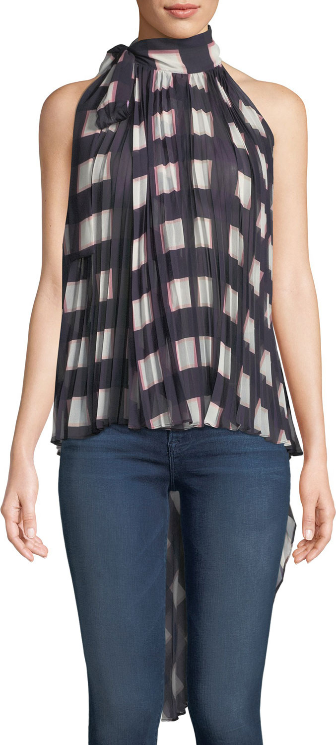 Self Portrait Pleated Check Chiffon Wrap Top