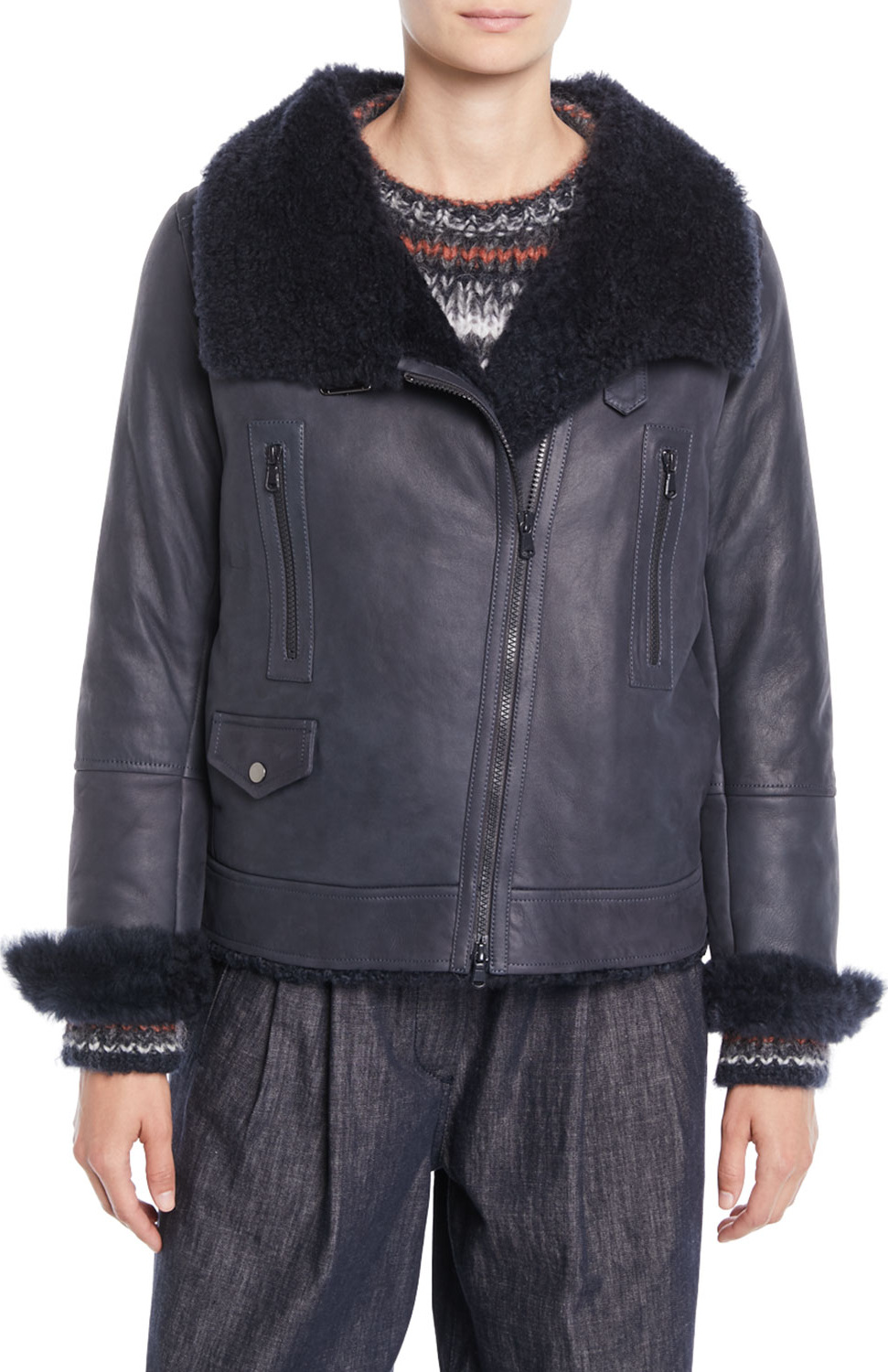Brunello Cucinelli Zip-Front Leather Shearling Moto Jacket