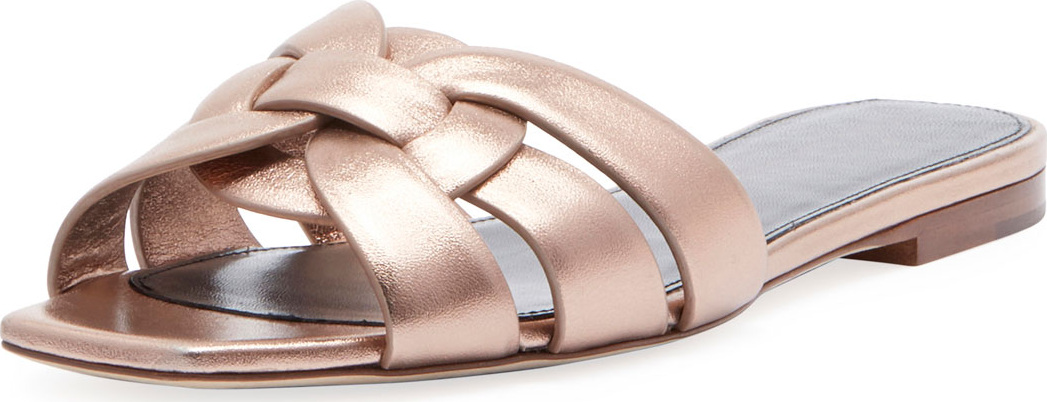 Saint Laurent Nu Pieds Flat Metallic Calf Leather Slide Sandal