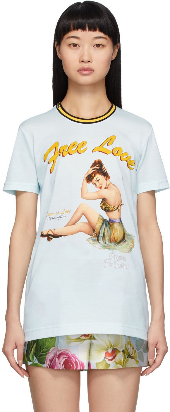 Dolce & Gabbana Blue Pin-Up 'Free Love' T-Shirt