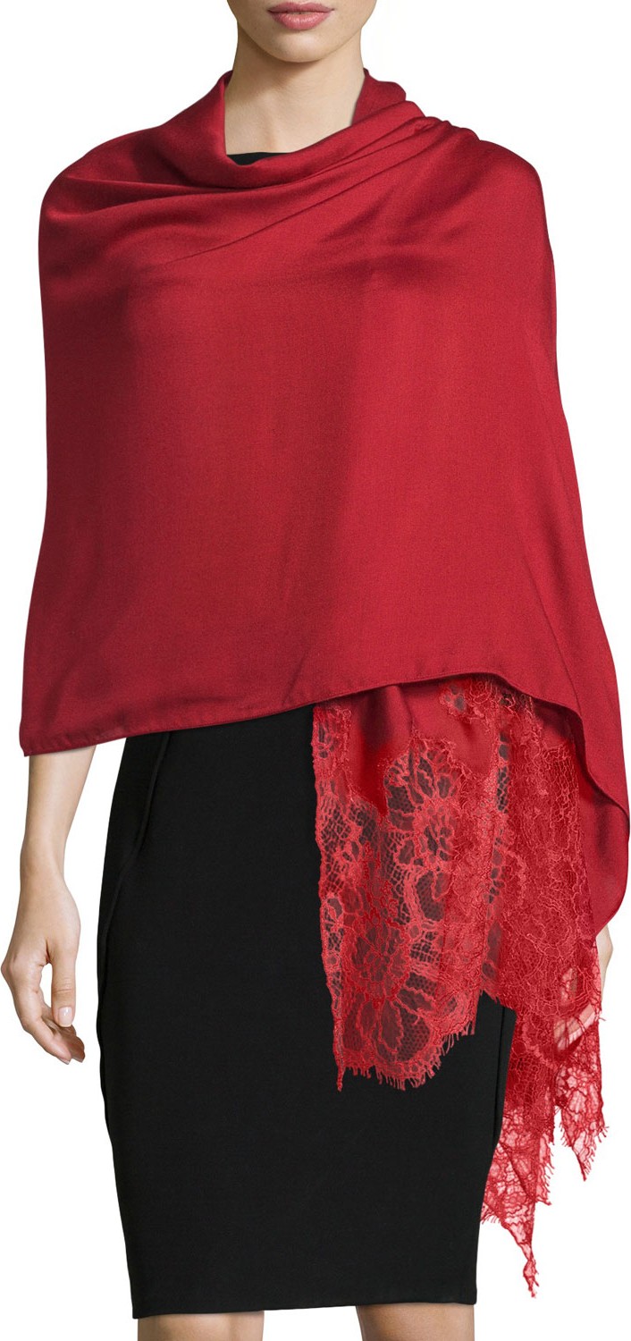 Valentino Woven Lace-Trim Shawl, Wine