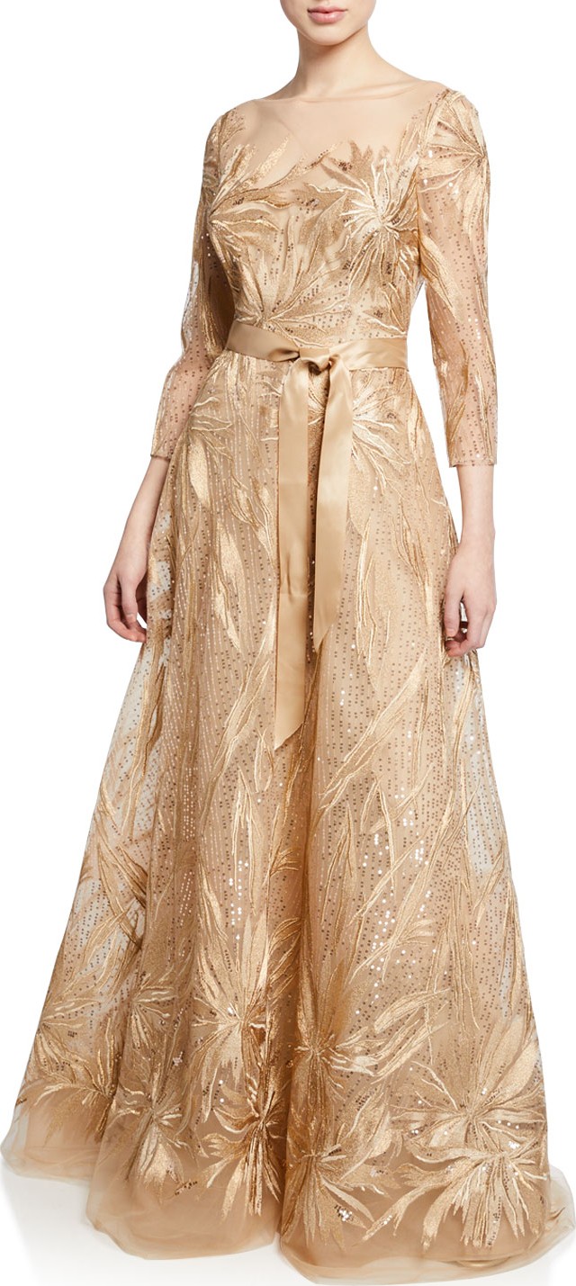 Rickie Freeman for Teri Jon Embroidered Lace & Sequin 3/4-Sleeve Illusion Gown