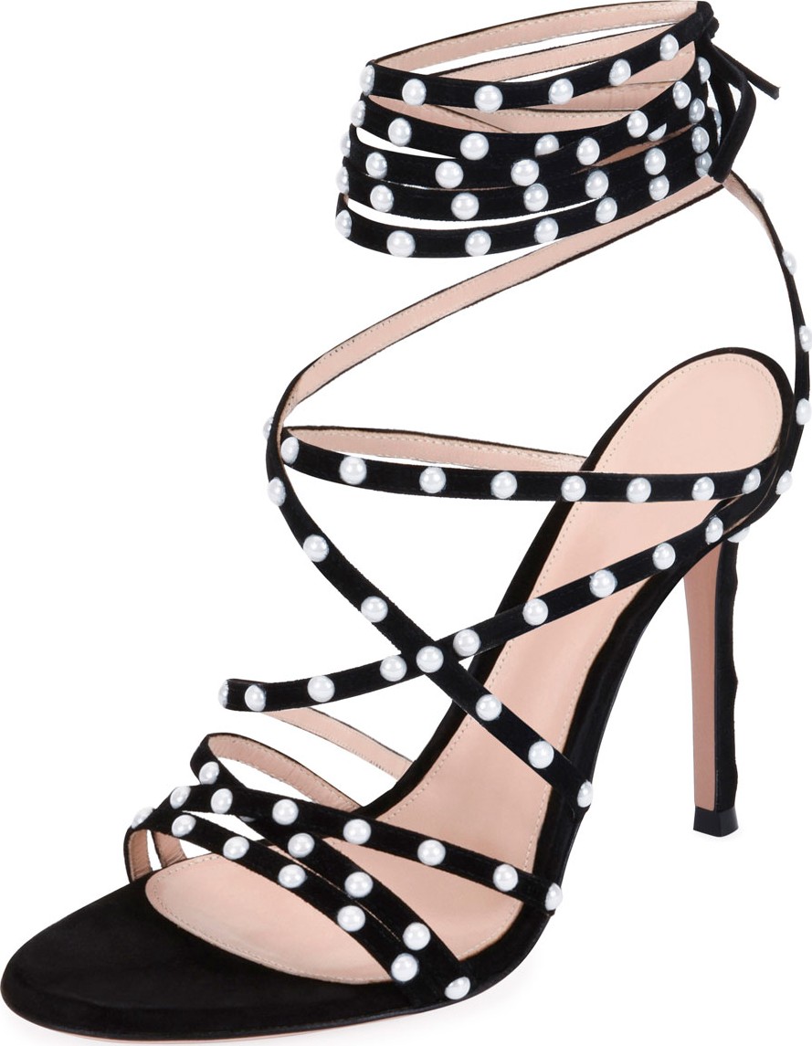 Gianvito Rossi Strappy Suede Sandals with Pearly Details