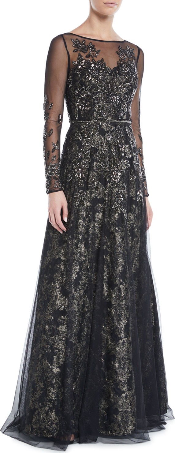 Theia Beaded Long-Sleeve Tulle Ball Gown