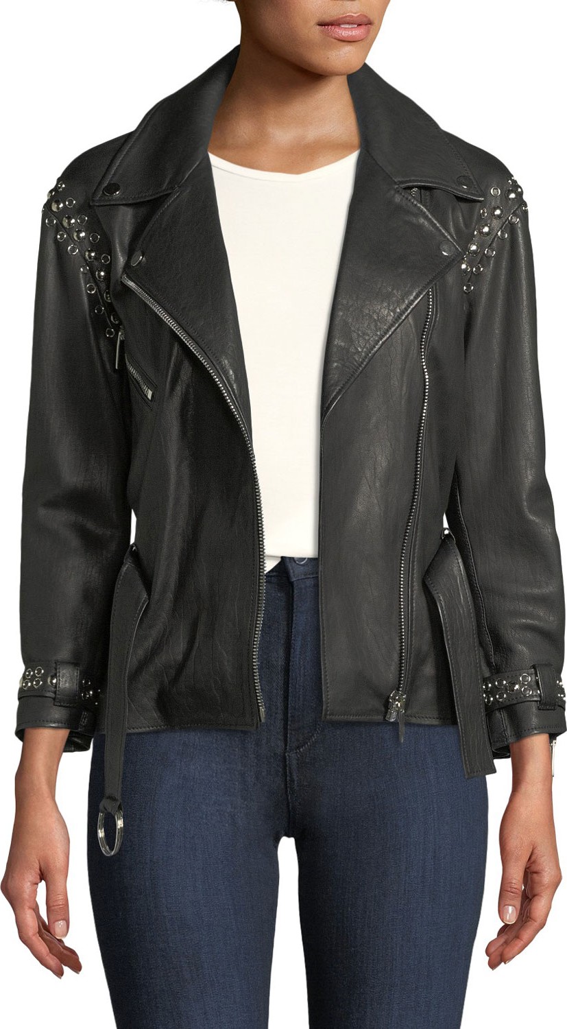 Nour Hammour Joaquin Belted Leather Moto Jacket with Studding