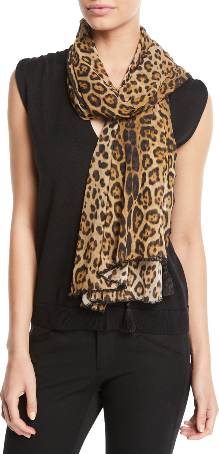 Fuzzi Leopard-Print Tulle Tasseled Scarf