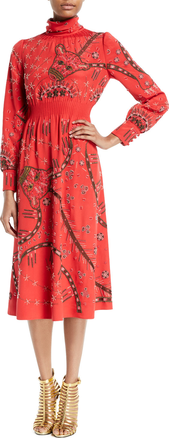 Valentino Mock-Neck Long-Sleeve Beaded-Embroidered Silk Mid-Calf Dress