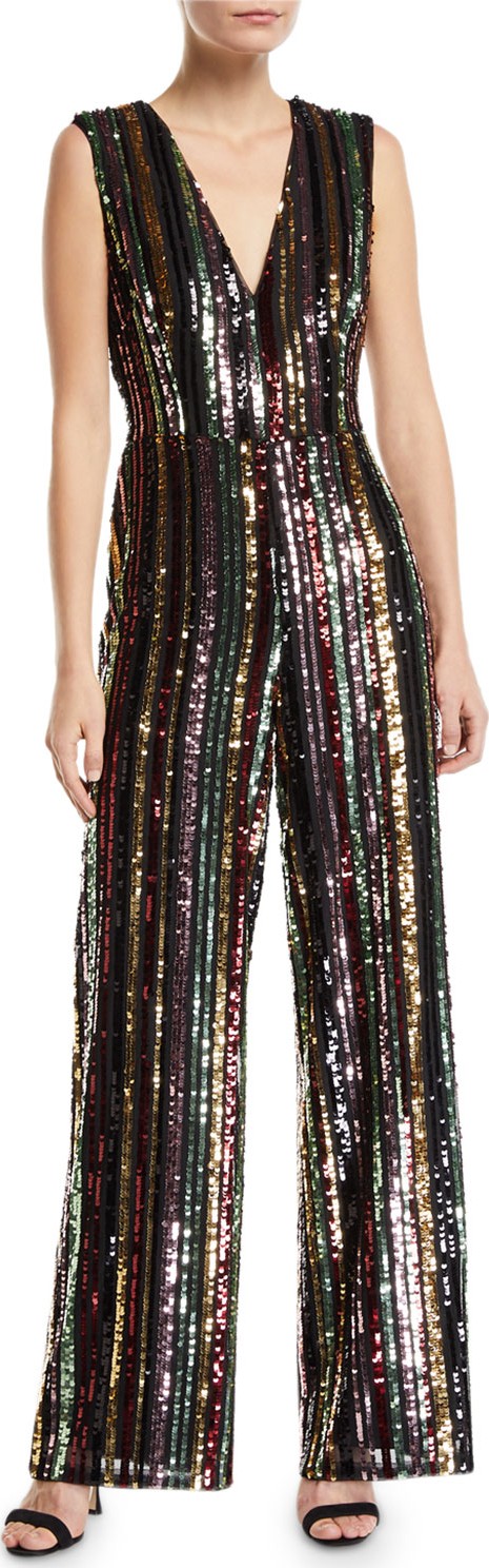 Aidan by Aidan Mattox Sequin Multi-Stripe Sleeveless Straight-Leg Jumpsuit