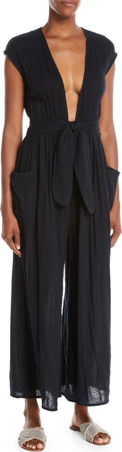 Mara Hoffman Whitney Plunging Cap-Sleeve Wide-Leg Cotton Gauze Jumpsuit