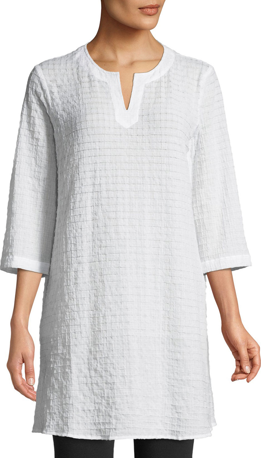 Eileen Fisher Grid-Texture 3/4-Sleeve Organic Cotton Voile Tunic