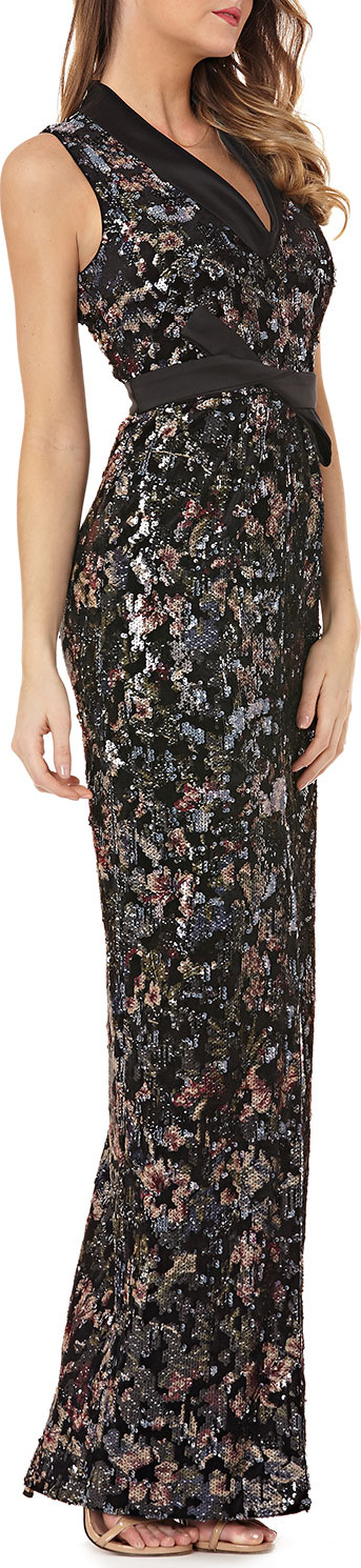 Kay Unger Stretch Velvet Gown w/ Sequins & Satin