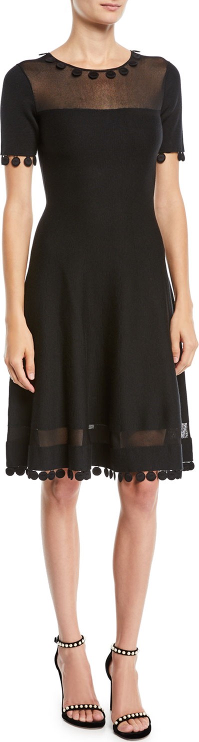 Oscar De La Renta Short-Sleeve Pompom Knit Day Dress w/ Sheer Inserts