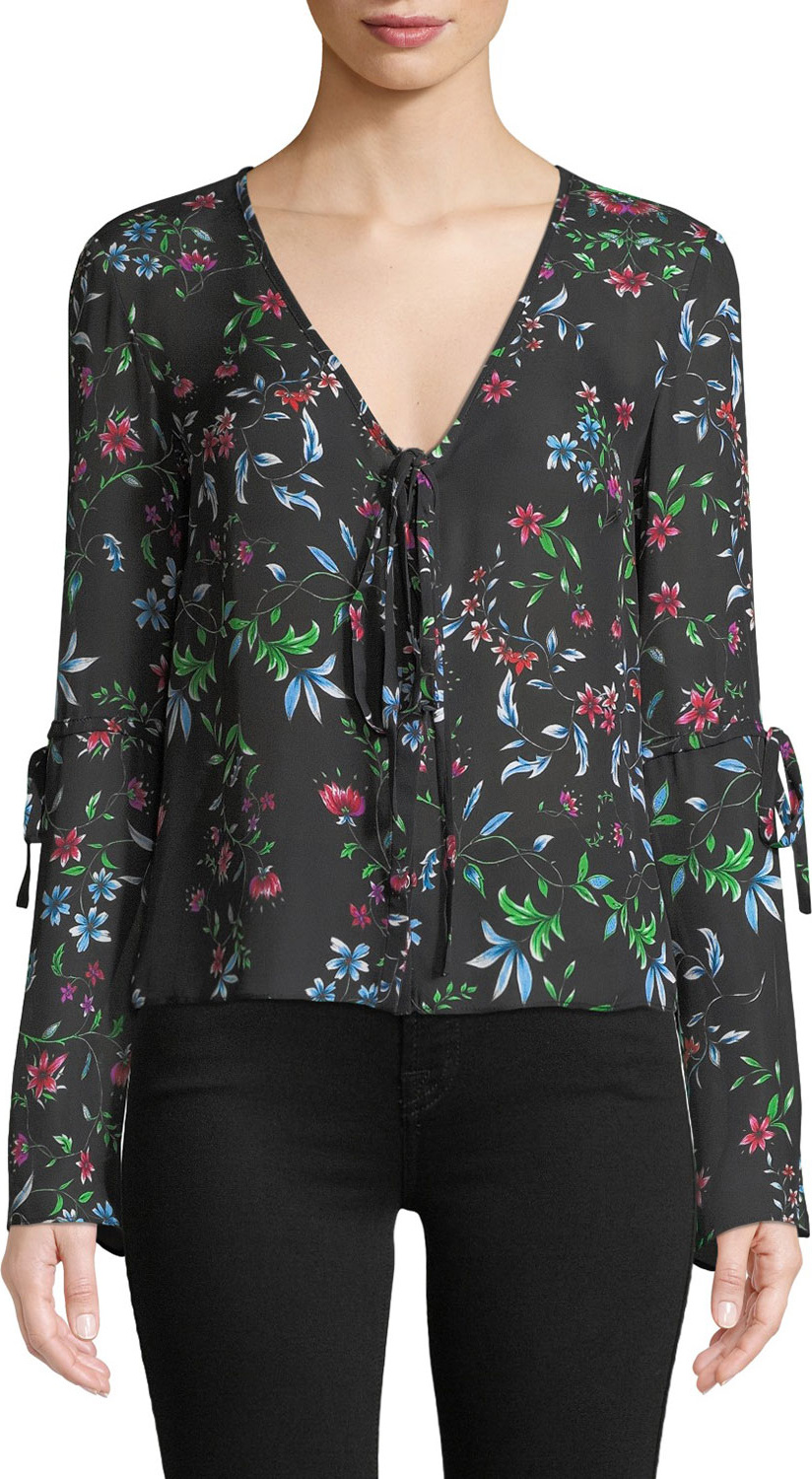 MILLY Maggie V-Neck Long-Sleeve Wildflower-Print Silk Georgette Top