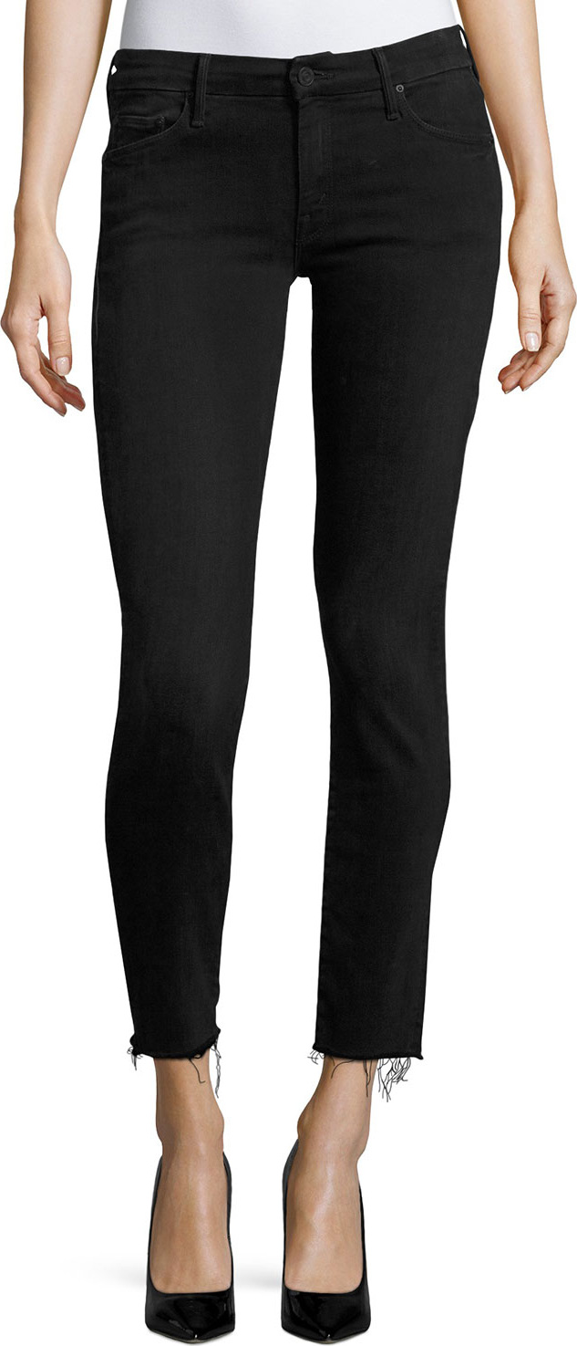 MOTHER Looker Ankle Skinny Jeans with Frayed Hem, Blackbird
