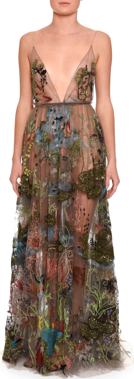 Valentino Embellished Sleeveless V-Neck Gown, Black