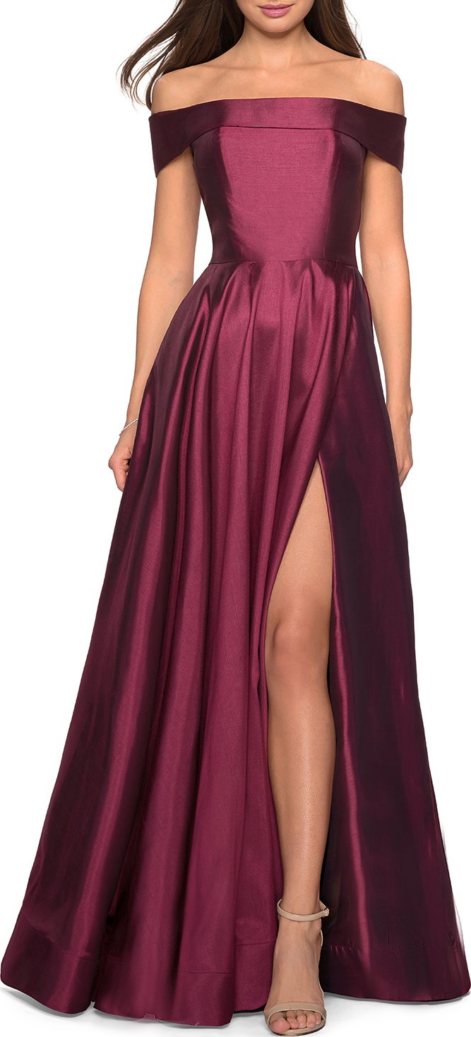 La Femme Off-the-Shoulder Satin A-Line Gown with Slit