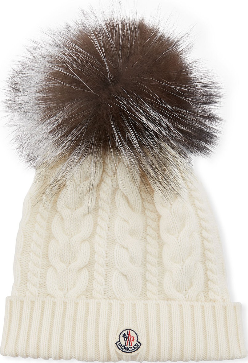 Moncler Cable-Knit Beanie Hat w/ Fur Pompom