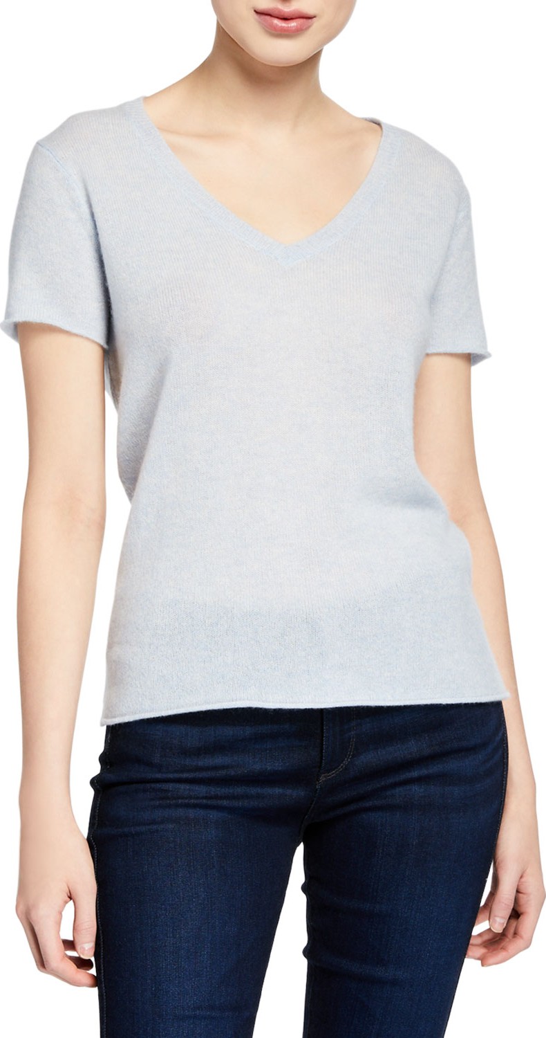 ATM Anthony Thomas Melillo Cashmere V-Neck Short-Sleeve Sweater Top