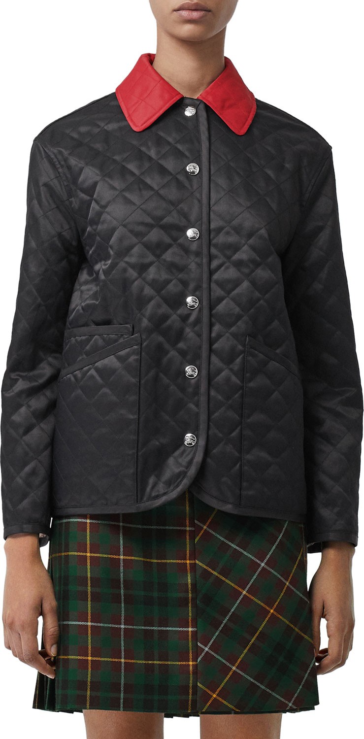 Burberry London England Button-Front Diamond Quilted Barn Jacket with Contrast Collar, Black