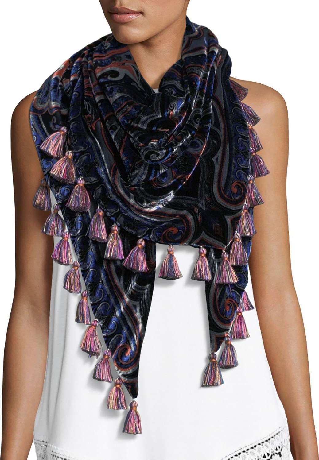 Etro Velvet Triangle Scarf w/ Tassel Fringe