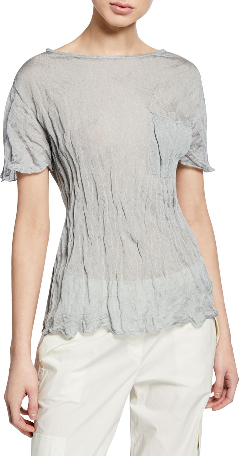 Theory High-Neck Short-Sleeve Metallic Crepe Pocket Top