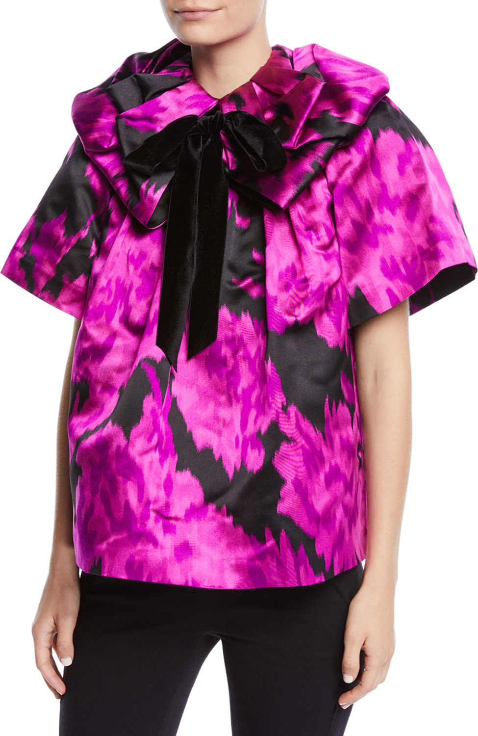 MARC JACOBS Rosette-Collar Velvet-Bow Carnation-Print Silk Blouse